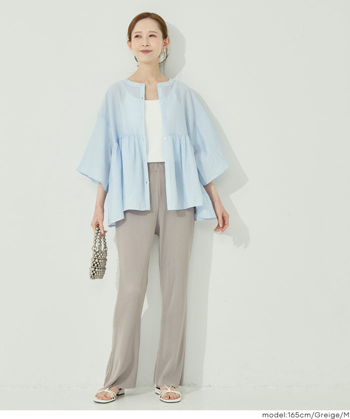 彈性細百褶休閒長褲