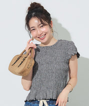 甜美皺褶木耳邊抽褶短袖上衣 (Shirred short-sleeved top)