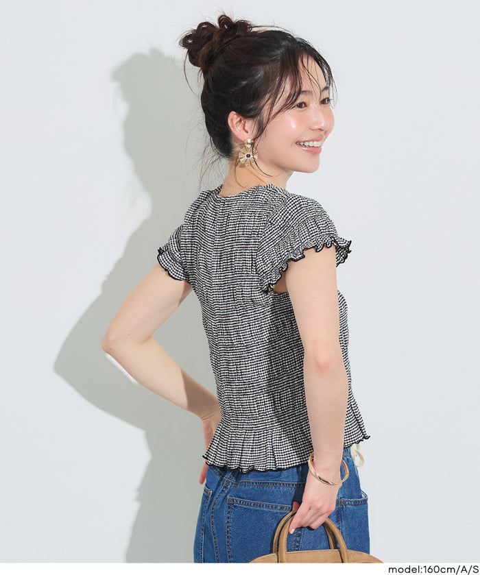 甜美皺褶木耳邊抽褶短袖上衣 (Shirred short-sleeved top)