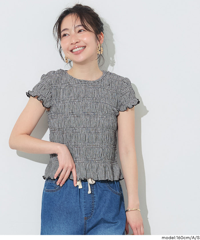 甜美皺褶木耳邊抽褶短袖上衣 (Shirred short-sleeved top)