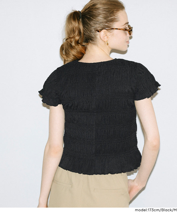 甜美皺褶木耳邊抽褶短袖上衣 (Shirred short-sleeved top)