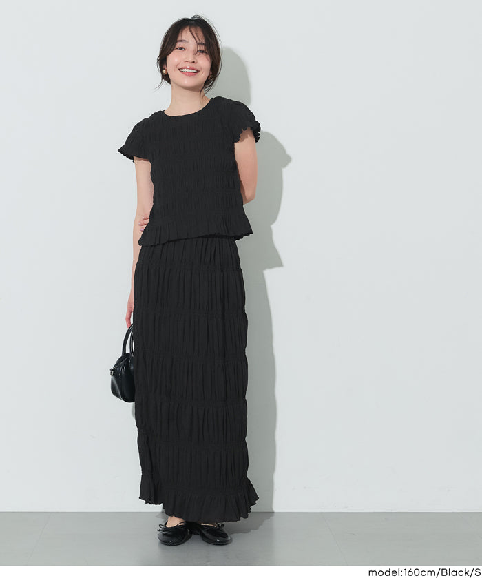 甜美皺褶木耳邊抽褶短袖上衣 (Shirred short-sleeved top)