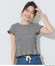 甜美皺褶木耳邊抽褶短袖上衣 (Shirred short-sleeved top)