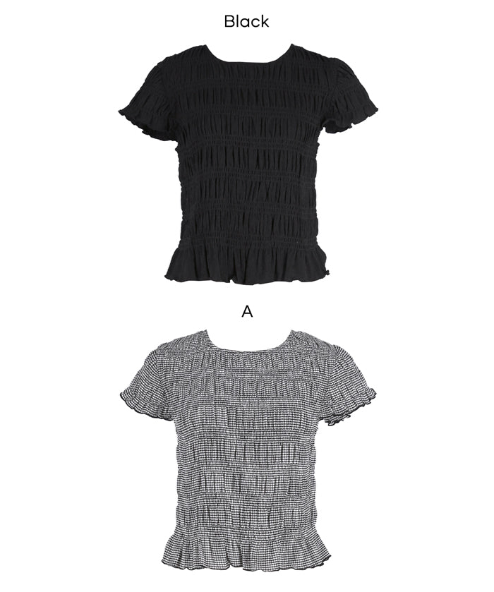 甜美皺褶木耳邊抽褶短袖上衣 (Shirred short-sleeved top)
