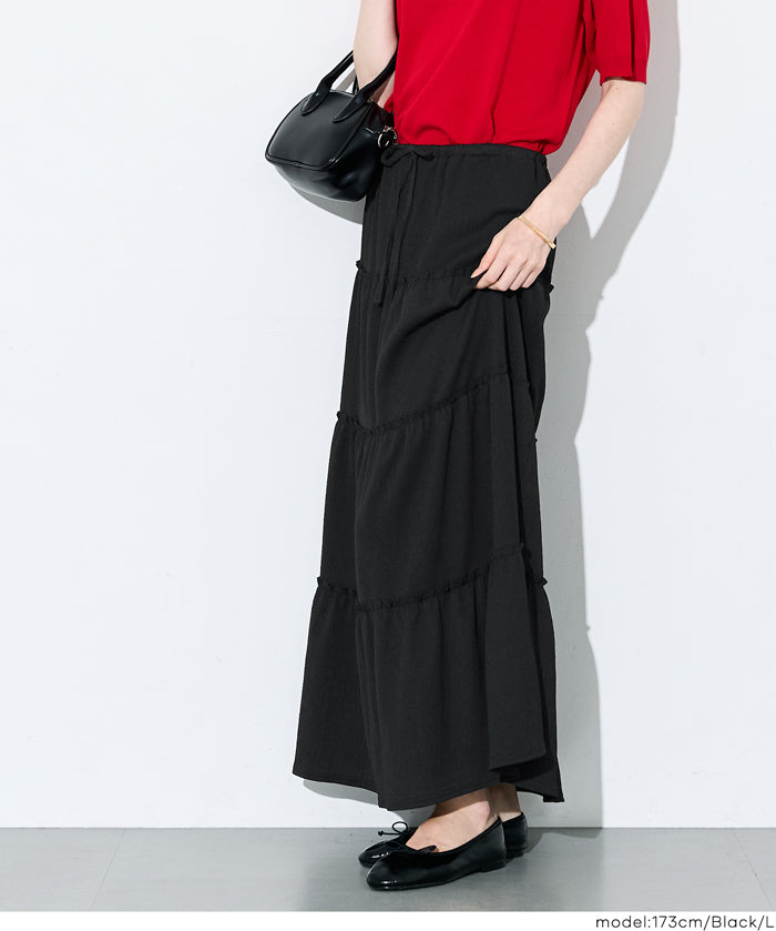 抽繩純色蛋糕長裙 (Crepe Shirring Skirt )