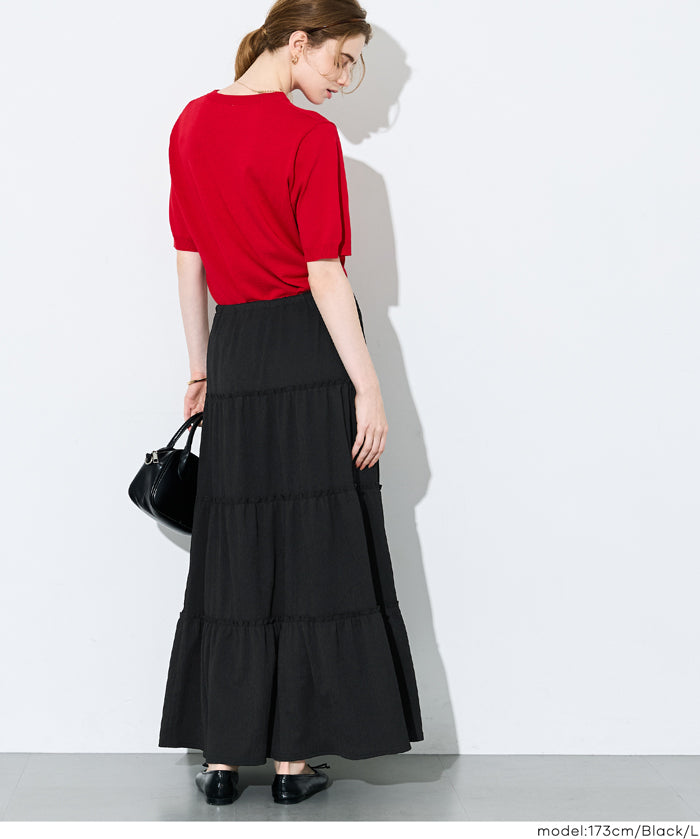 抽繩純色蛋糕長裙 (Crepe Shirring Skirt )