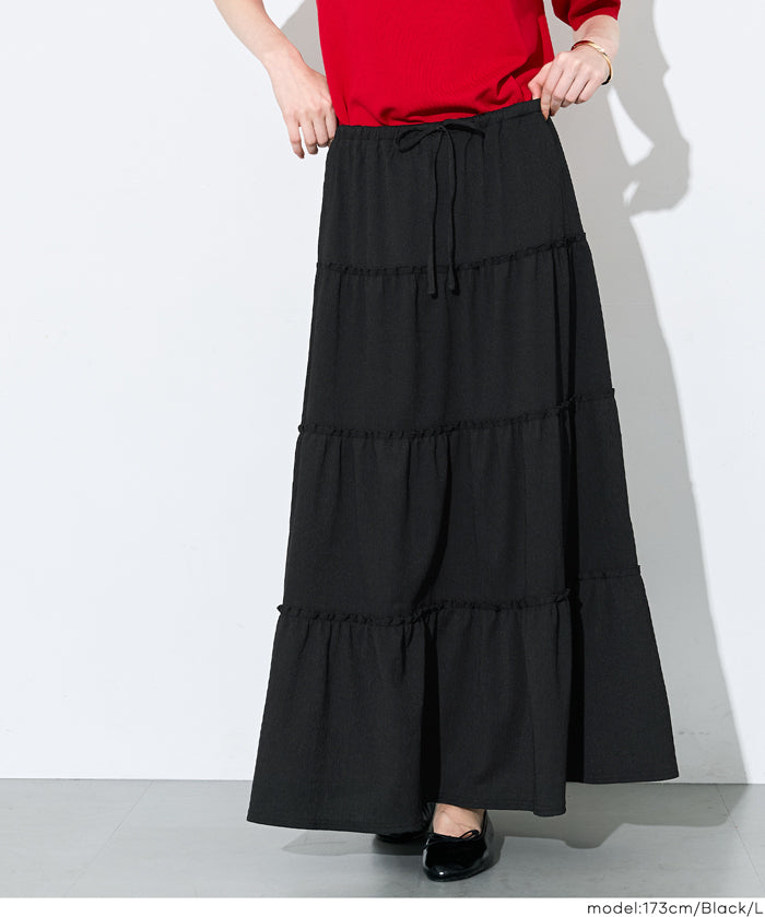 抽繩純色蛋糕長裙 (Crepe Shirring Skirt )