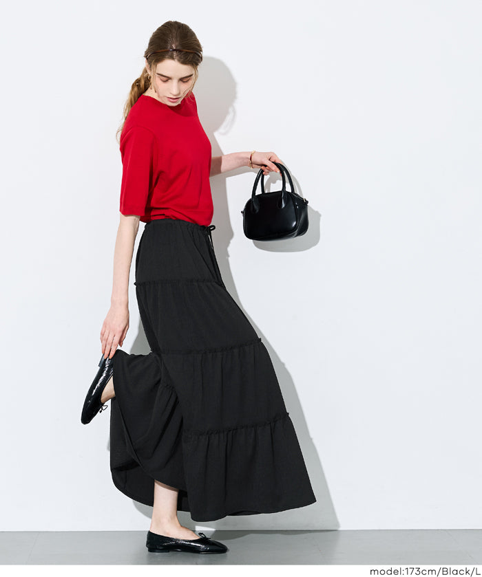 抽繩純色蛋糕長裙 (Crepe Shirring Skirt )