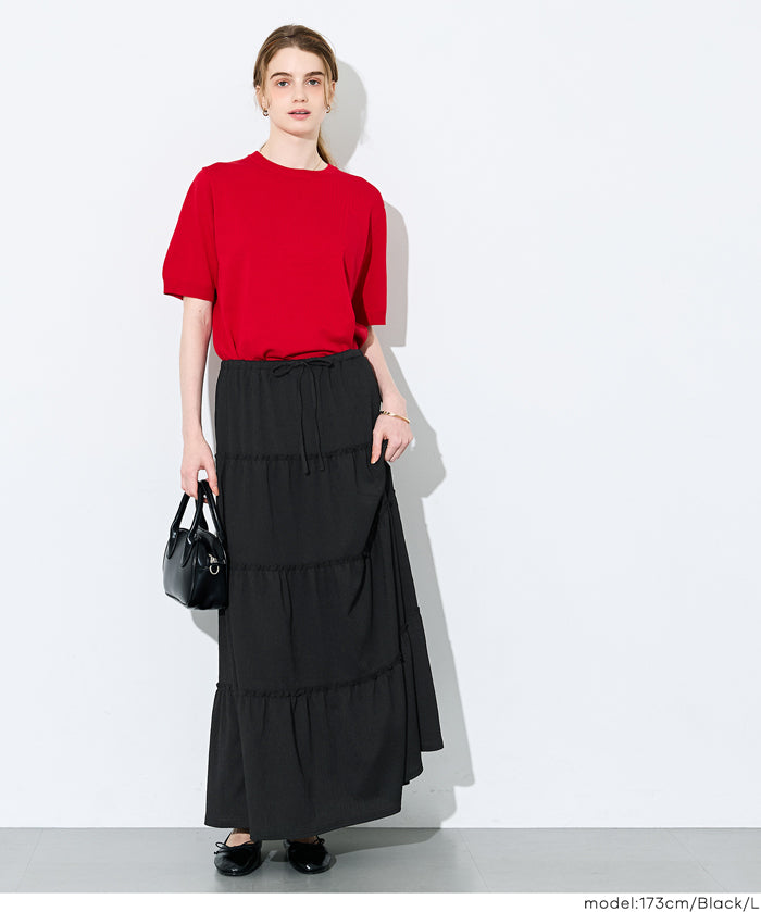 抽繩純色蛋糕長裙 (Crepe Shirring Skirt )