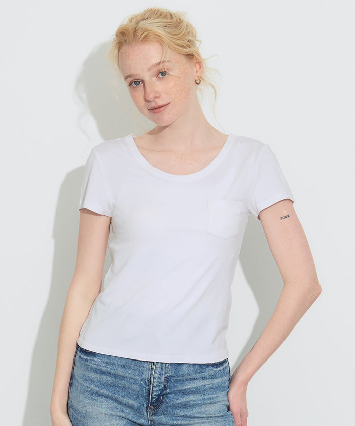 絲柔觸感前口袋U領合身短袖上衣 (Soft pocket T-shirt )