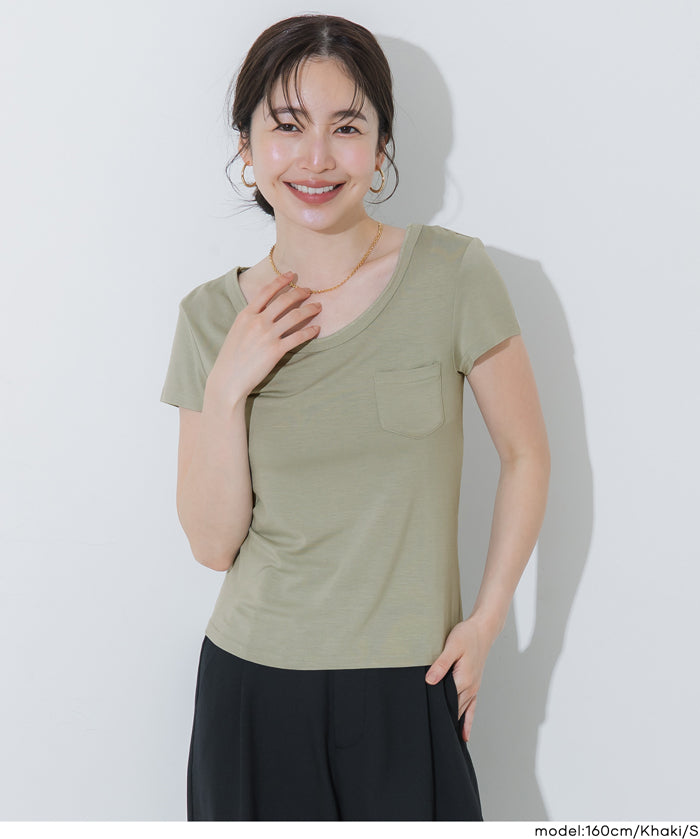絲柔觸感前口袋U領合身短袖上衣 (Soft pocket T-shirt )