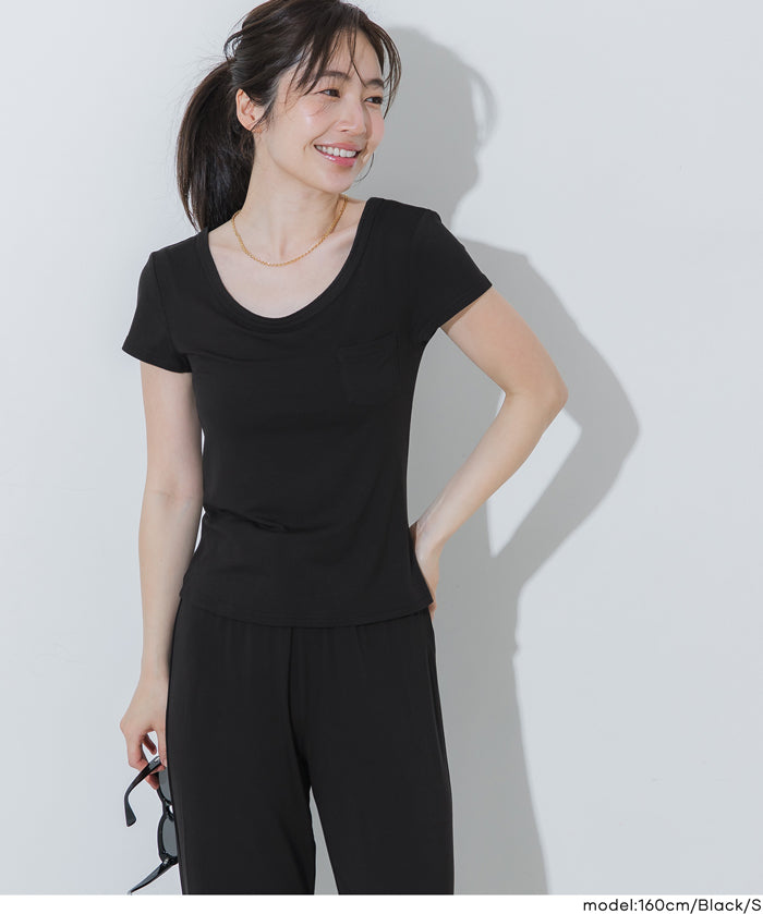 絲柔觸感前口袋U領合身短袖上衣 (Soft pocket T-shirt )