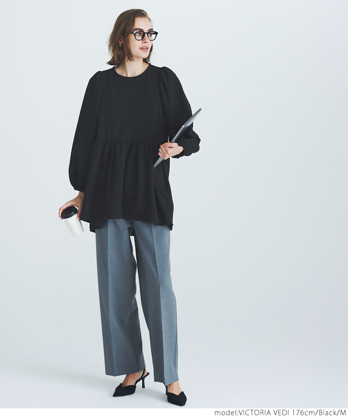 [Embossed function] Puff sleeve slim patchwork top