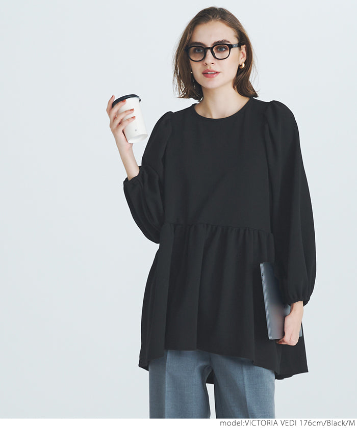 [Embossed function] Puff sleeve slim patchwork top