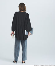 [Embossed function] Puff sleeve slim patchwork top
