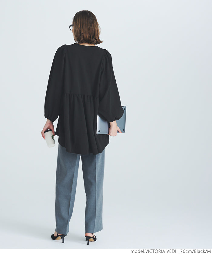 [Embossed function] Puff sleeve slim patchwork top