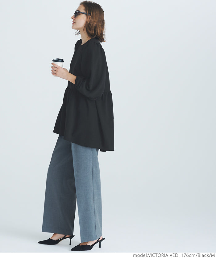 [Embossed function] Puff sleeve slim patchwork top