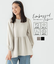 [Embossed function] Puff sleeve slim patchwork top