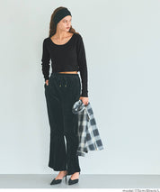 基礎短版2way領口螺紋長袖上衣