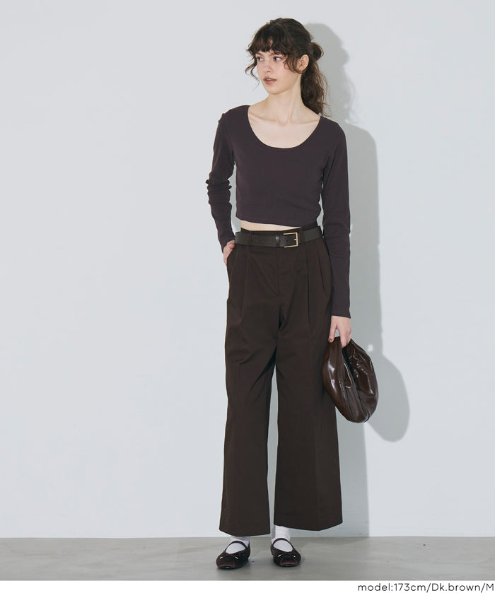 基礎短版2way領口螺紋長袖上衣