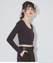 基礎短版2way領口螺紋長袖上衣