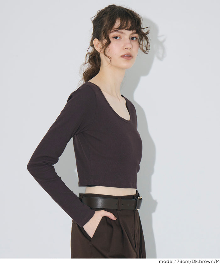 基礎短版2way領口螺紋長袖上衣