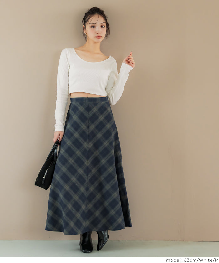 基礎短版2way領口螺紋長袖上衣