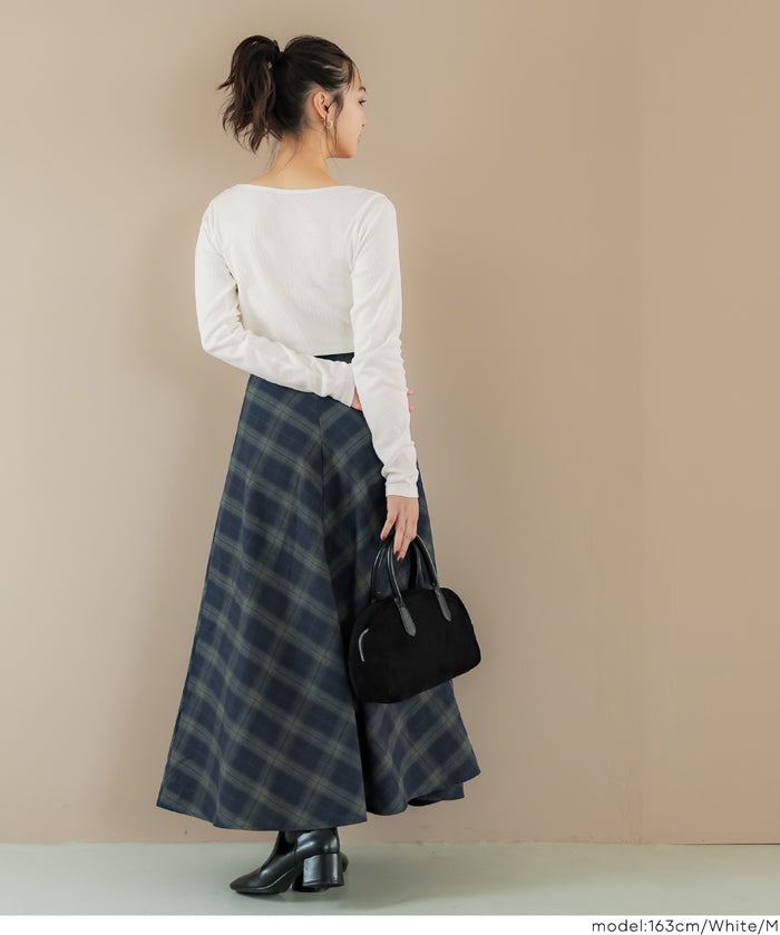 基礎短版2way領口螺紋長袖上衣