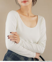 基礎短版2way領口螺紋長袖上衣