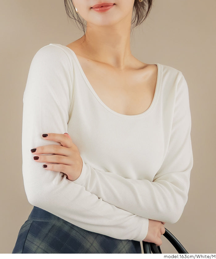 基礎短版2way領口螺紋長袖上衣