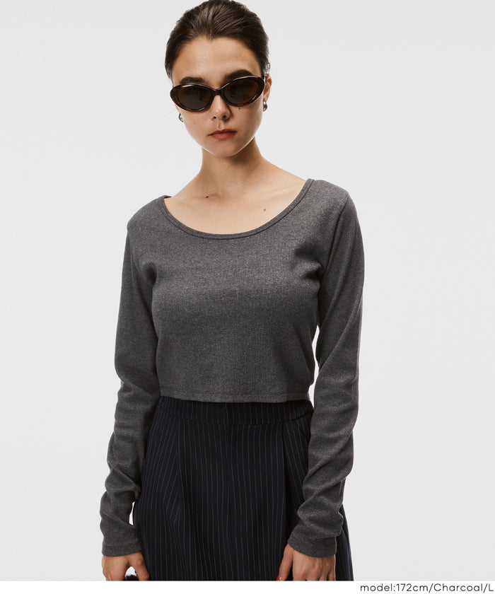 基礎短版2way領口螺紋長袖上衣