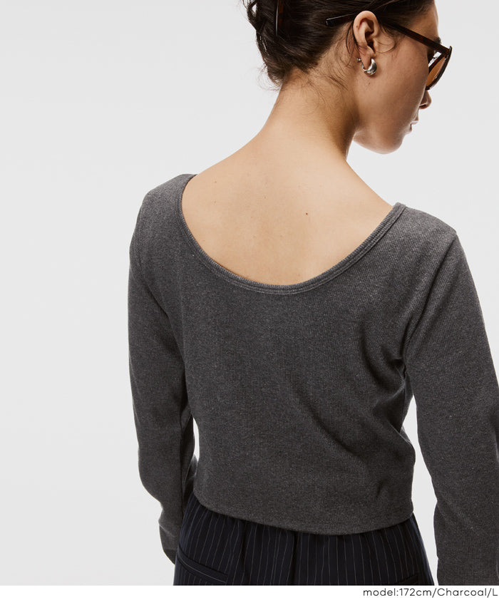 基礎短版2way領口螺紋長袖上衣