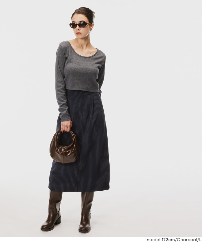 基礎短版2way領口螺紋長袖上衣