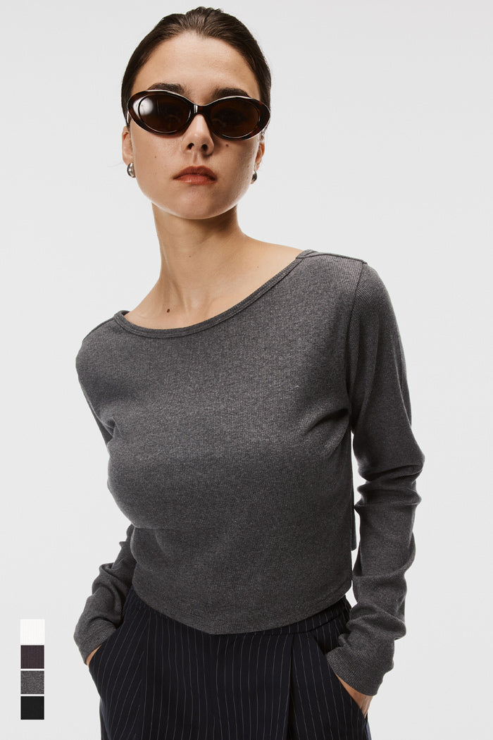 基礎短版2way領口螺紋長袖上衣