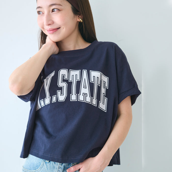 短版反摺袖口修身LOGO T-shirt