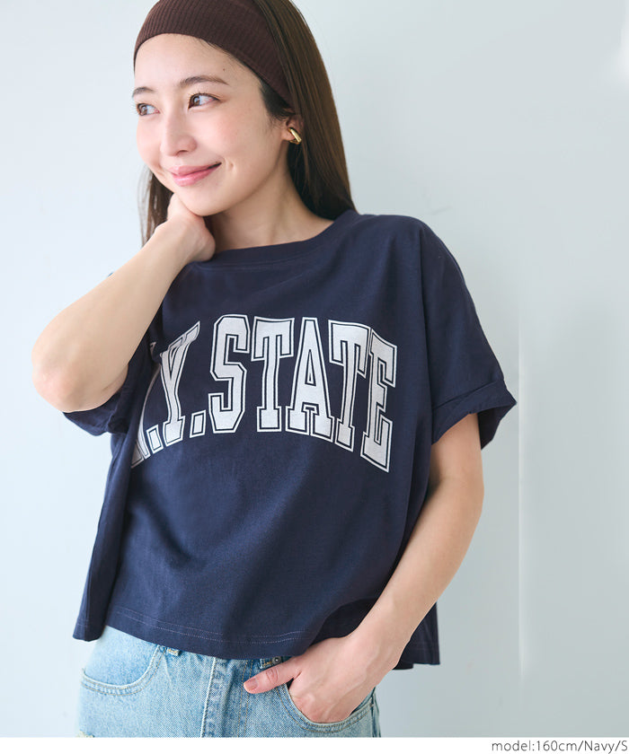 短版反摺袖口修身LOGO T-shirt