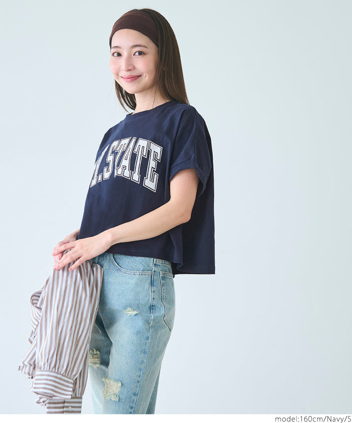 短版反摺袖口修身LOGO T-shirt