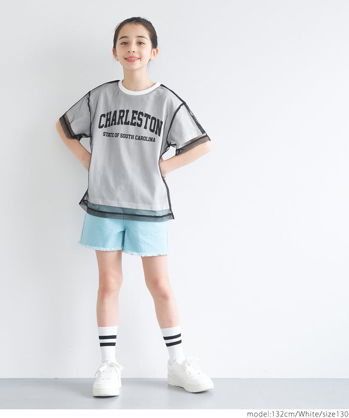 外罩薄紗造型圓領短袖上衣 T-shirt