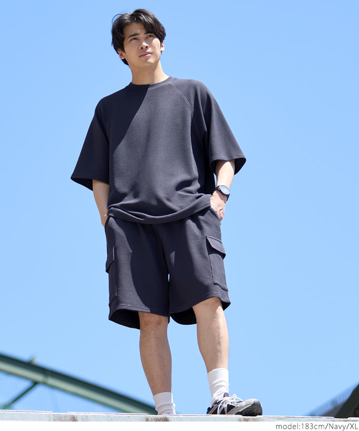 【壓紋機能】男裝圓領插肩短袖休閒上衣