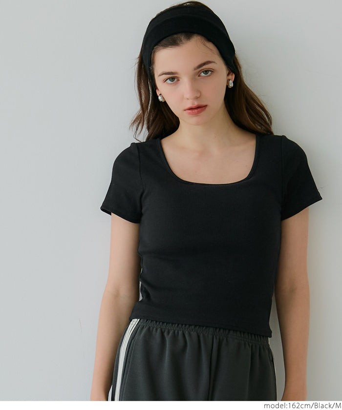 ［特價$129→$99］OUT BRA帶胸墊方領短款短袖上衣 Tee