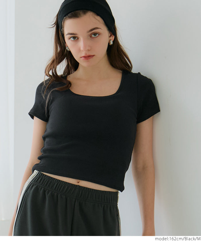 ［特價$129→$99］OUT BRA帶胸墊方領短款短袖上衣 Tee