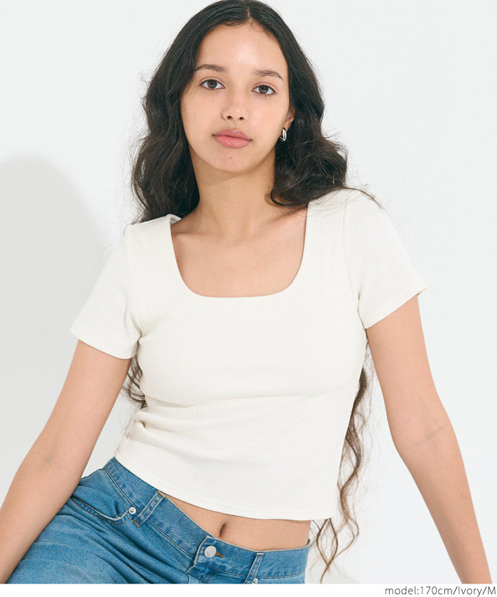 ［特價$129→$99］OUT BRA帶胸墊方領短款短袖上衣 Tee