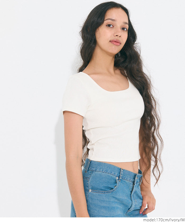 ［特價$129→$99］OUT BRA帶胸墊方領短款短袖上衣 Tee