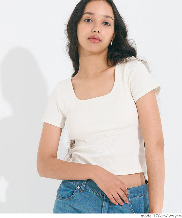 ［特價$129→$99］OUT BRA帶胸墊方領短款短袖上衣 Tee