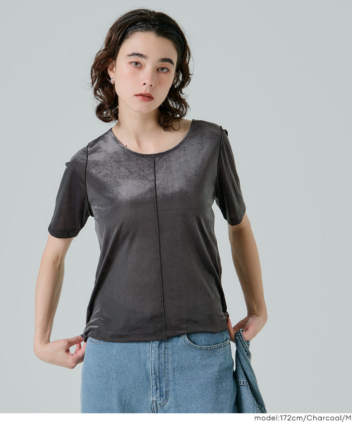 氣質垂感絲絨中線短袖上衣