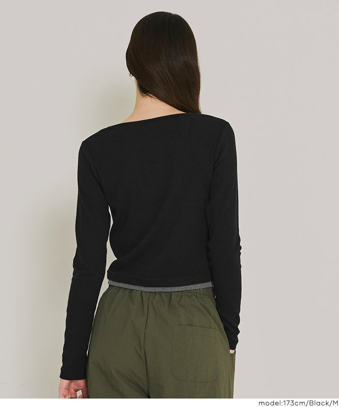 磨毛假兩件設計層次螺紋上衣