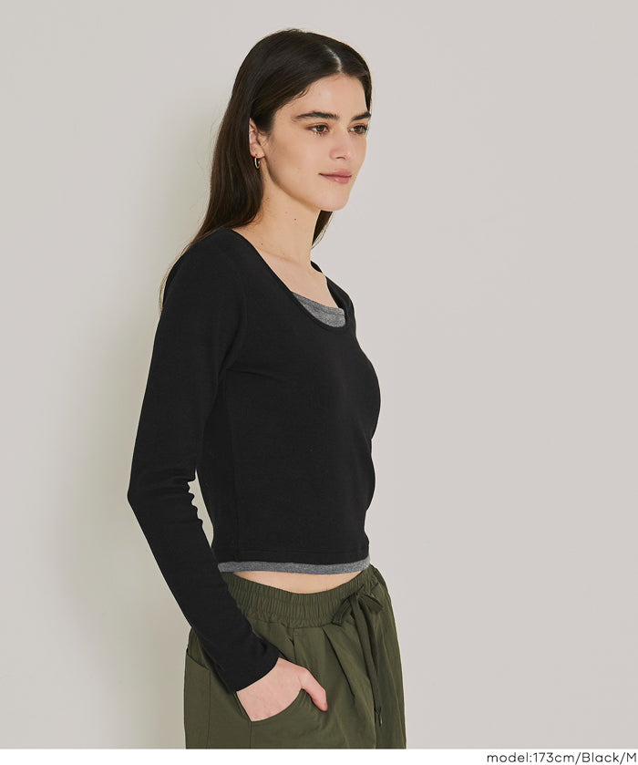 磨毛假兩件設計層次螺紋上衣