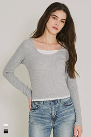 磨毛假兩件設計層次螺紋上衣