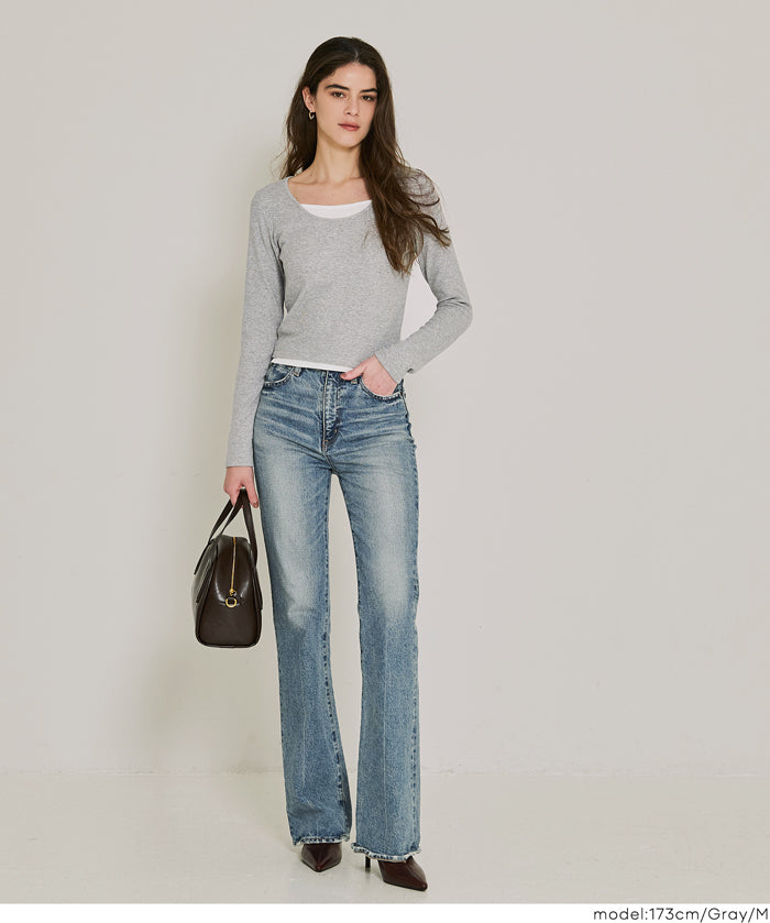 磨毛假兩件設計層次螺紋上衣