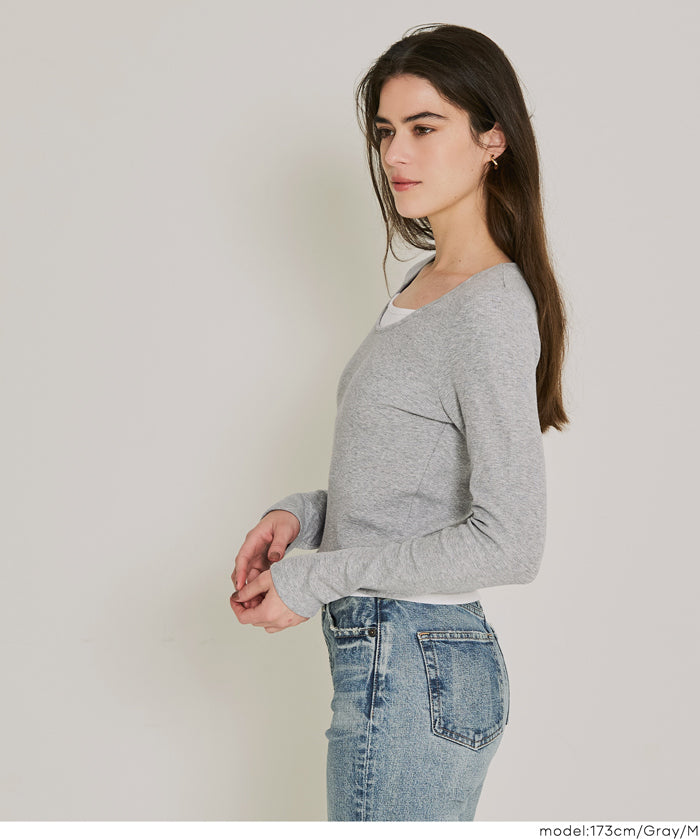 磨毛假兩件設計層次螺紋上衣